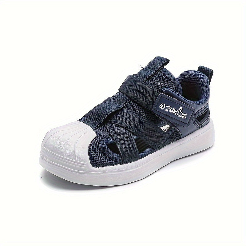 Breathable mesh shoes in blue and white for kids with adjustable strap, non-slip sole, and comfort insole for casual wear and outdoor activities.