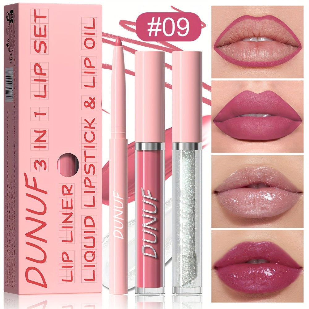 DUNUF 3-in-1 Lip Set includes velvet matte lip gloss, lip liner pencil, and lip oil, suitable for all skin types and waterproof.