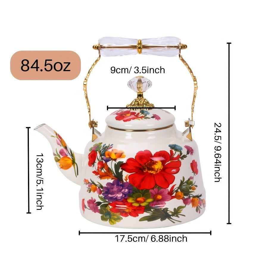 Vintage Floral Design Enamel Tea Kettle with Handle - Large Capacity Stovetop Teapot for Classic Afternoon Tea in the Garden, Handcrafted with Traditional Expertise - Non-Electric