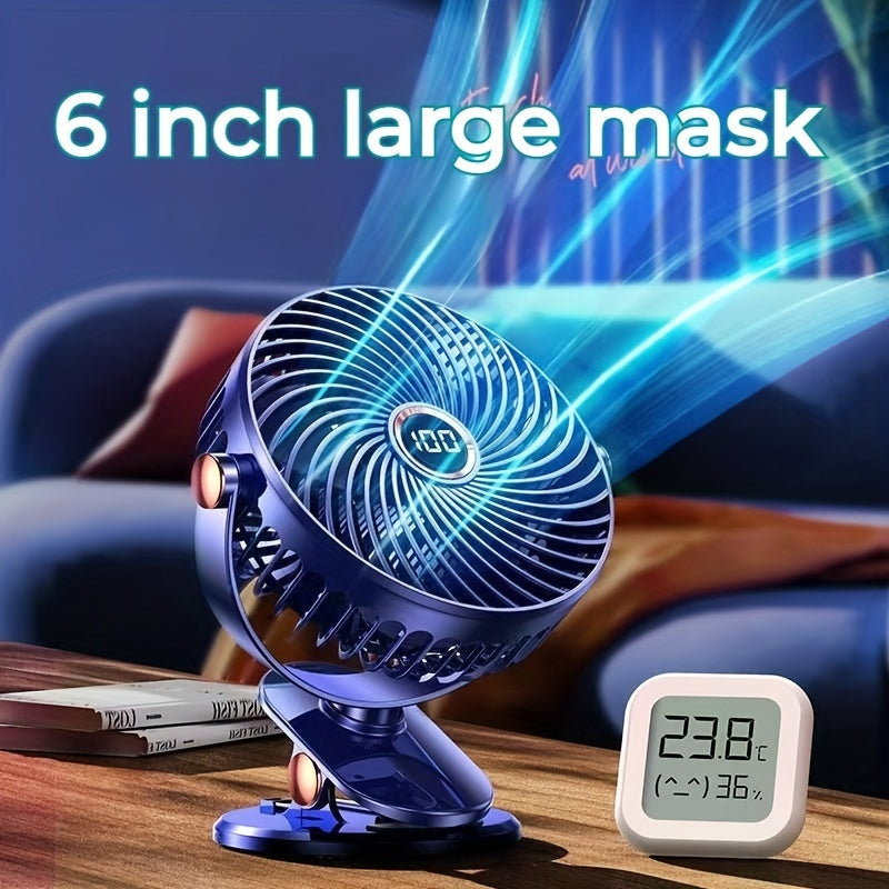 Black Portable Clip-On Fan with 360° Rotatable design is perfect for various settings such as outdoor camping, golf carts, strollers, and home offices. This silent mini table fan offers 5-speed settings and features a built-in lithium battery with