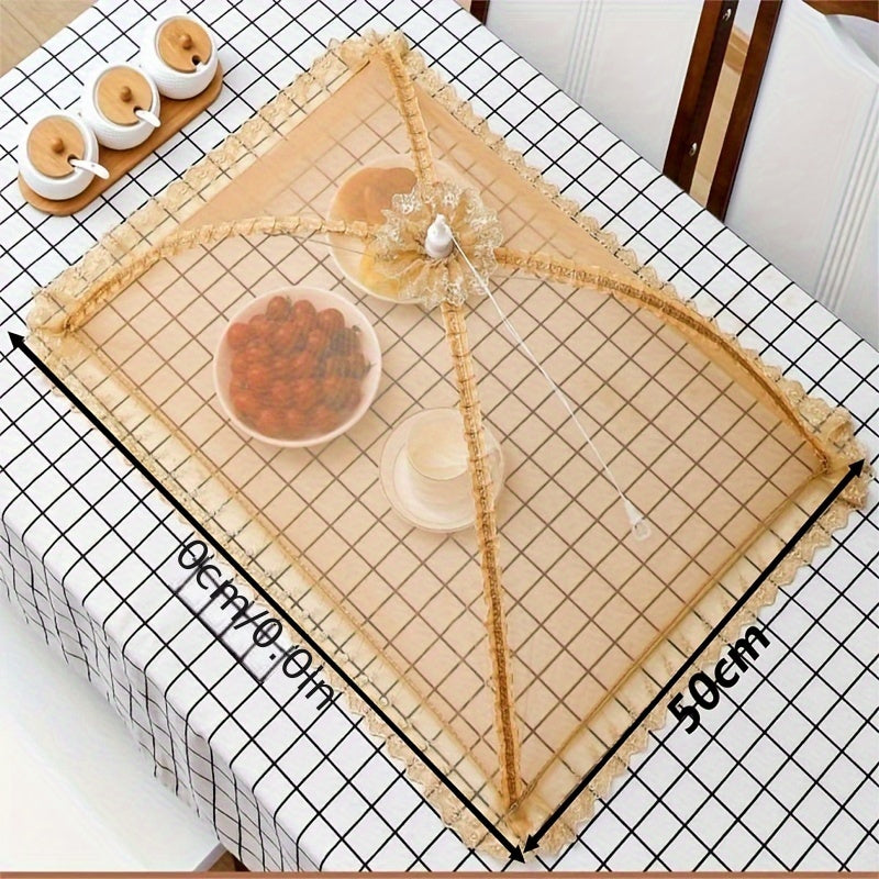 Foldable dish cover for fly-proof protection of food indoors and outdoors. Great for home kitchens, outdoor parties, picnics, and barbecues. Suitable for covering vegetables and leftovers.