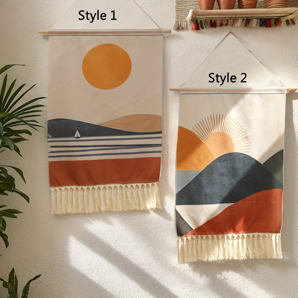 This linen wall tapestry features a fringe border and a bohemian sun and sailboat design, perfect for adding artistic flair to your living room or bedroom decor. Suitable for ages 14 and up.