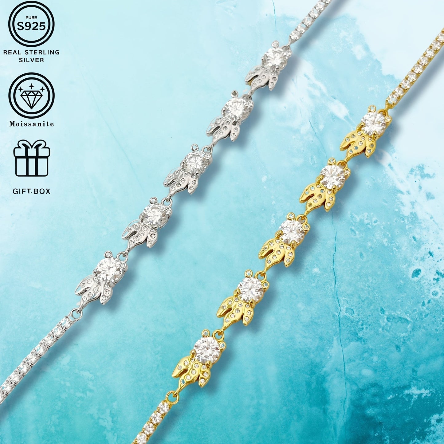 Get ready to dazzle with the exquisite Odek Elegant Sterling Silver Bracelet adorned with a stunning 0.5 Carat Goldfish Moissanite stone. This 18K Golden Plated bracelet is hypoallergenic and weighs only 5.15g, making it comfortable for all-day wear.