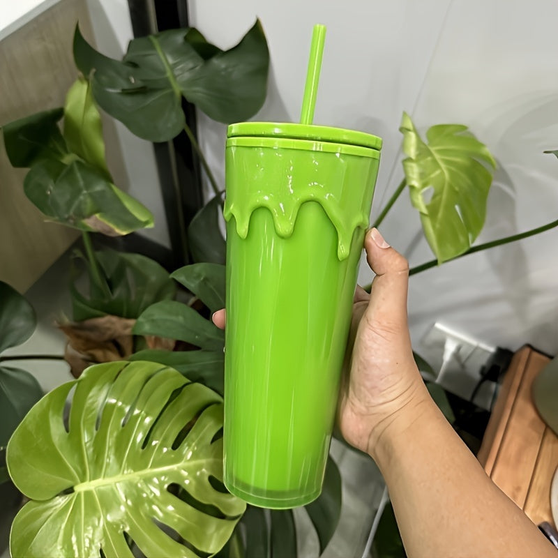 24oz Glow-in-the-Dark Reusable Tumbler with Lid & Straw, Double Wall Insulated BPA-Free Plastic, Vibrant Green for Cold Drinks, Gifts, Travel, and Recyclable.