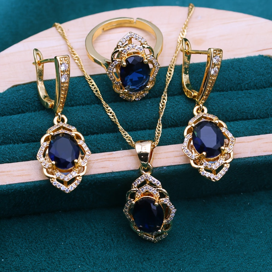 Vintage vacation style jewelry set in 18K gold plated design featuring a beautiful blue gemstone. This set includes a copper mosaic necklace, earrings, ring, and pendant, making it perfect for women to wear at parties, as gifts, or during Christmas. This