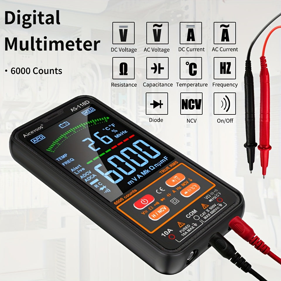 Smart digital multimeter auto-ranges to measure voltage, current, capacitance, resistance, continuity, duty-cycle, temperature, and frequency.