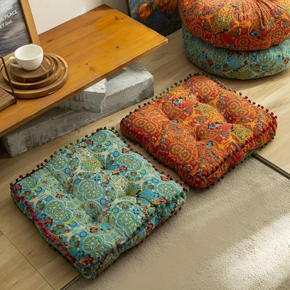 Boho-chic square cushion with pompoms: Versatile and fade-resistant.