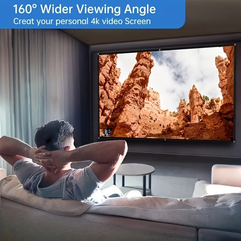 Portable 4K HD foldable projector screen for indoor and outdoor use with anti-wrinkle material. Dual-sided viewing with 16:9 aspect ratio, available in sizes ranging from 152.4cm to 3.81