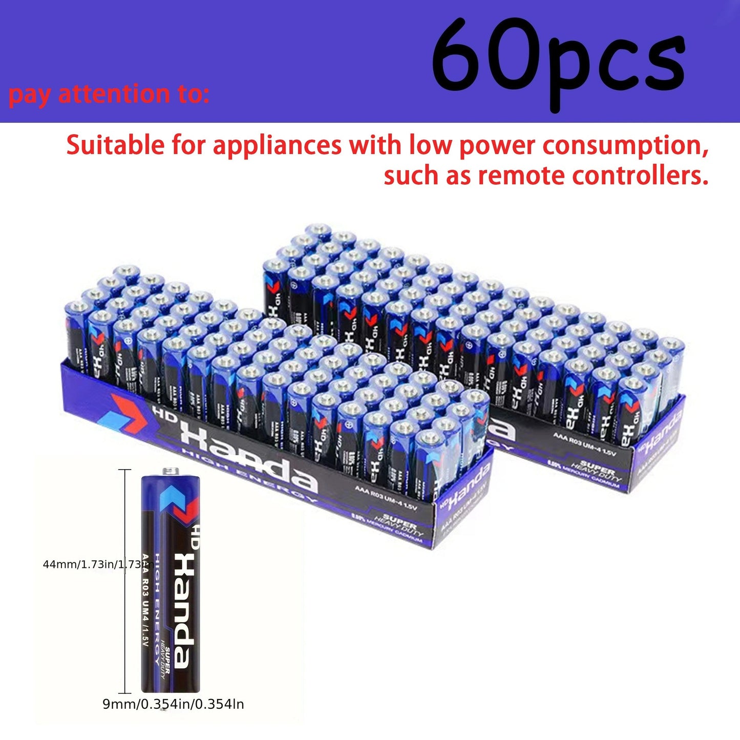 60 HANDA AAA Carbon Batteries, 1.5V - Durable and safe for low energy electronics.