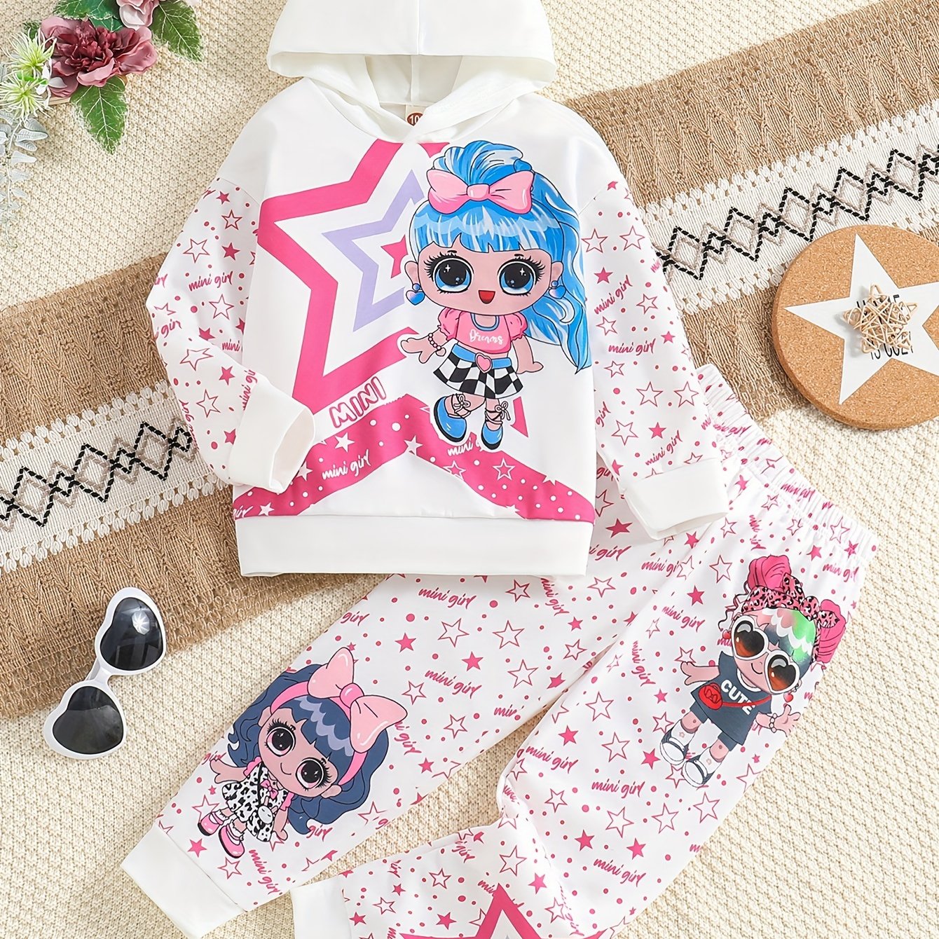 2pc Mini Girl Graphic Outfits: Hoodies + Jogger Pants