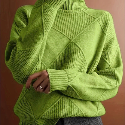 Women's Green Turtleneck Sweater made from durable knit material with diamond pattern, long sleeves for warmth in fall/winter, featuring a glossy finish and chunky yarn.