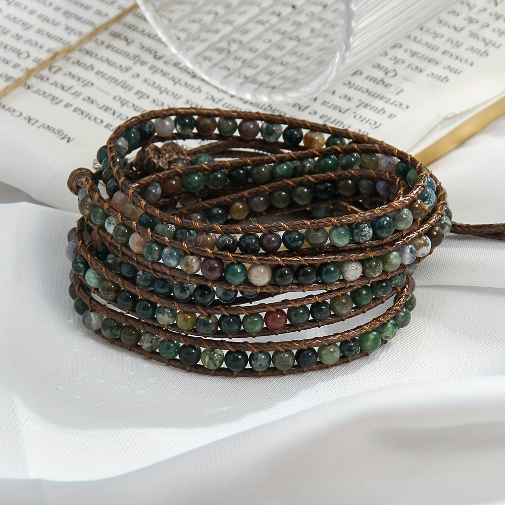 Women's Bracelet with a Bohemian Style, Waxed Cord Braid and Adjustable 5 Rows Wrap