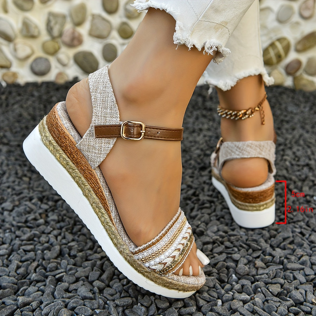 Elegant platform sandals for women with ankle buckle strap and wedge beach shoes for comfort walking.