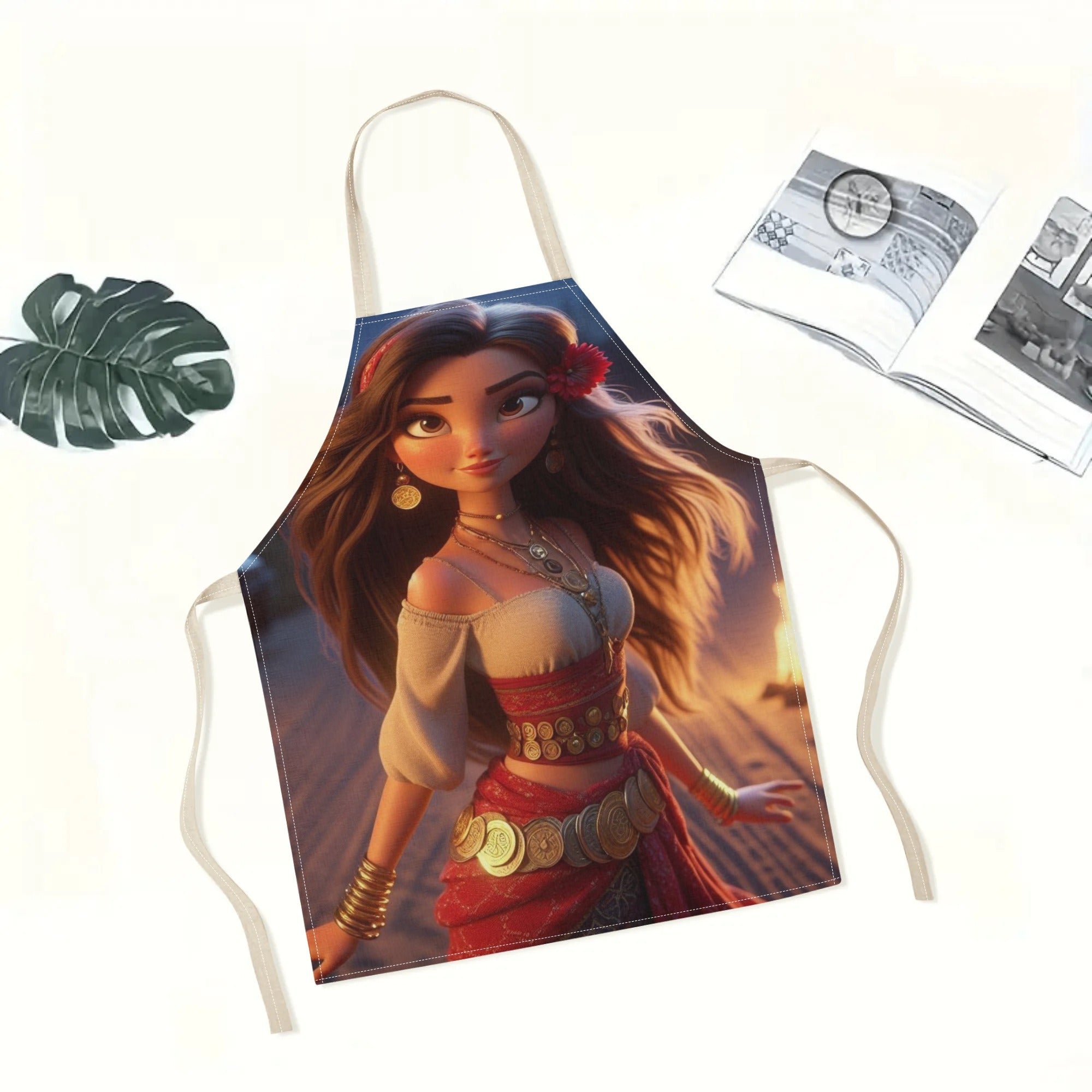 Disneyning Elsa qahramoni tasvirlangan suv o'tkazmaydigan apron, mustahkam polyesterdan tayyorlangan va yorqin gullar naqshiga ega. Mehmonxonalar, supermarketlar, restoranlar, meva do'konlari, sut choyi do'konlari yoki uyda foydalanish uchun mos.