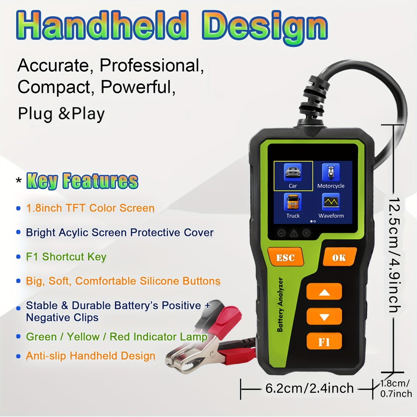 12V 24V Car Battery Tester Analyzer for Automotive Battery System Testing, including SOC, SOH, Internal Resistance, Charging, Cranking, and Diagnostic Tool for various vehicles.