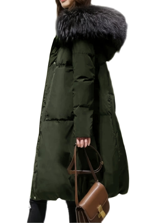 Women's Elegant Long Winter Hooded Coat with Faux Fur Trim, Zip-Up Front, and Side Pockets for Cold Weather Style.