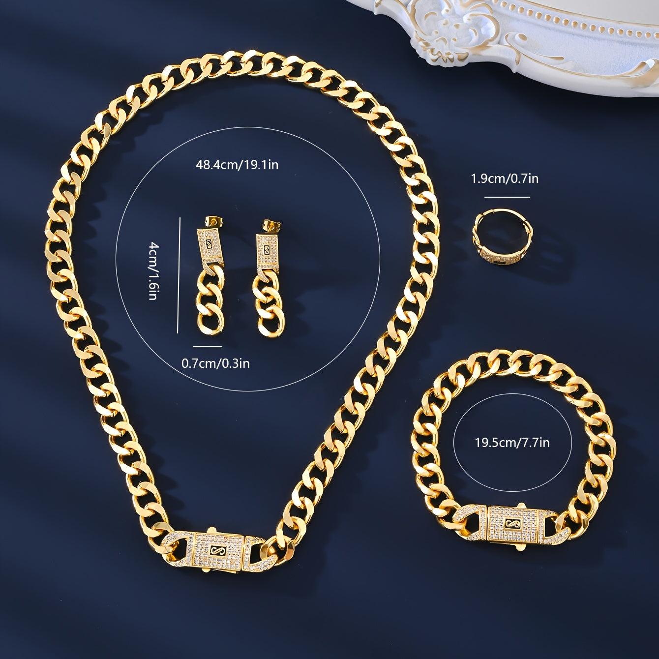 Classy and versatile high-quality copper jewelry set for European and American women, including necklace, earrings, rings, bracelets, and zirconia lock. Perfect for everyday wear, adding elegance and style to any outfit.