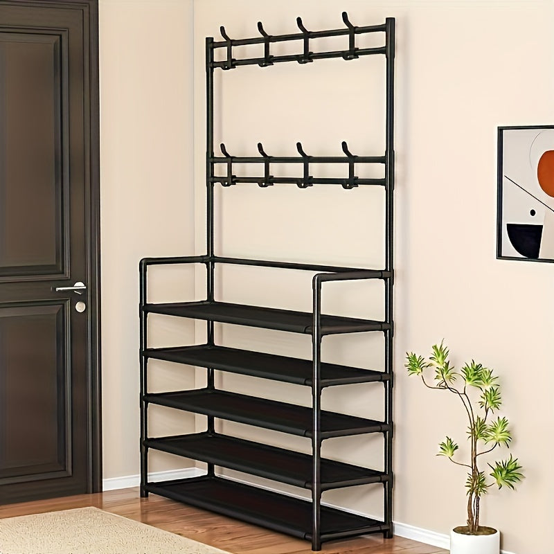 Multi-tier iron storage organizer with 8 dual hooks, versatile shoe rack and coat hanger for various rooms - uncharged, includes SKU quantity.