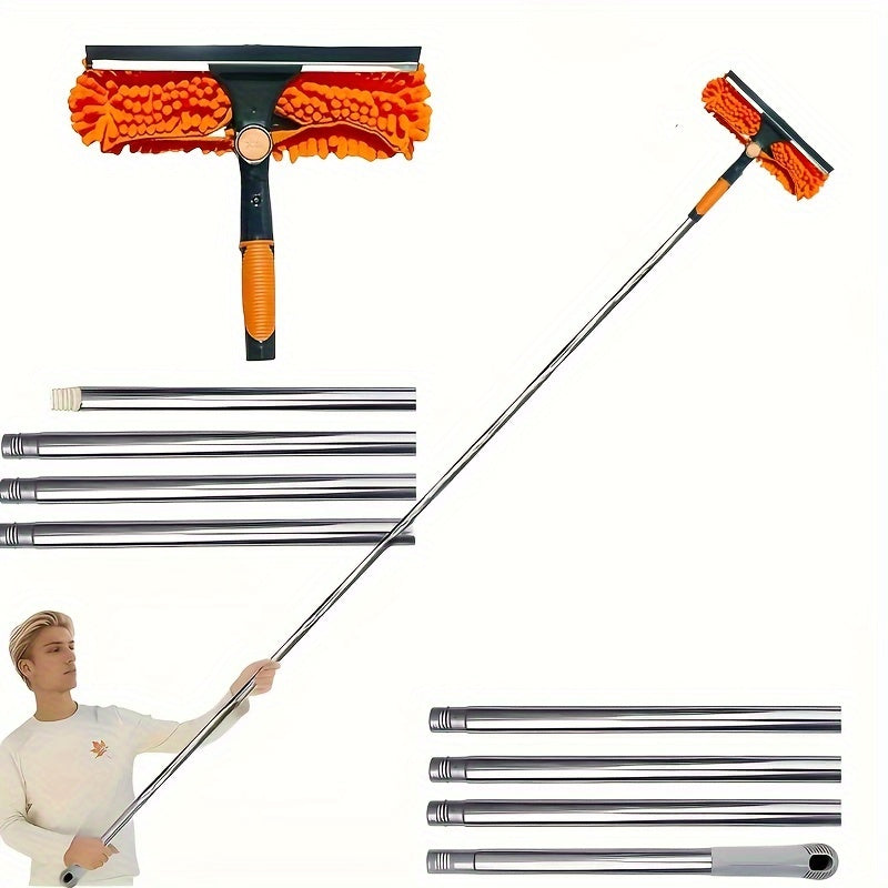 Chenille Microfiber Duster with Telescopic Glass Cleaning Pole - 2-in-1 Design, Adjustable Angle, Extends up to 5m, Suitable for Indoor and Outdoor Use, No Power Required, Perfect for Cleaning Glass, Stainless Steel and Resin Construction - Ideal for