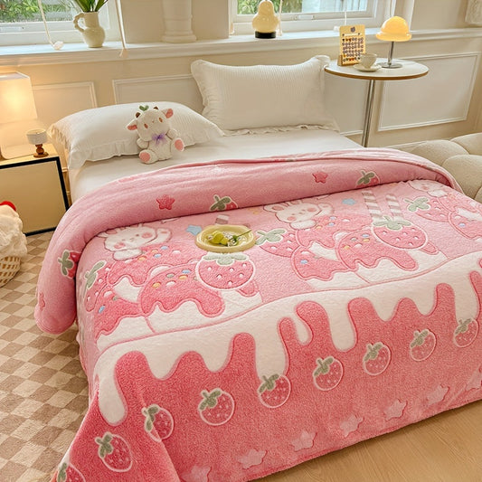 Ultra-Soft Pink Strawberry & Bear Pattern Blanket - Perfect for Sofa, Bed, & Naps - Cozy All-Season Throw - Machine Washable 100% Polyester - Whimsical Home Decor - Charming Aesthetic - Comfortable Blanket for Bed and Naps