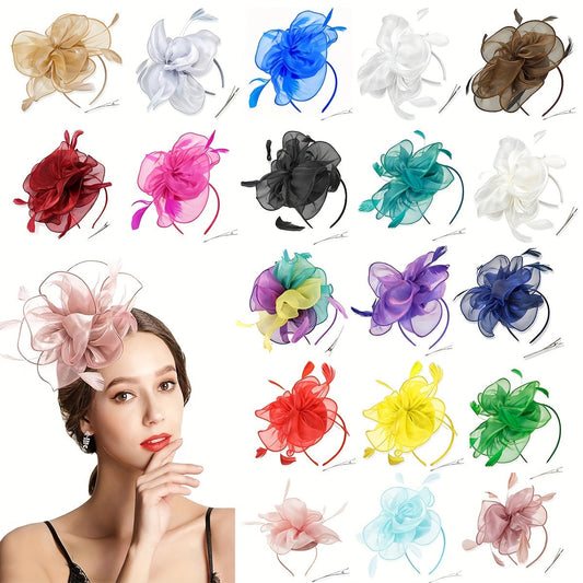 Elegant 1950s Style Fascinator Yarn Derby Hat for Women - Featherless Flower Hair Hoop Perfect for Tea Party, Cocktail, Wedding - Pack of 1 with Gift Box