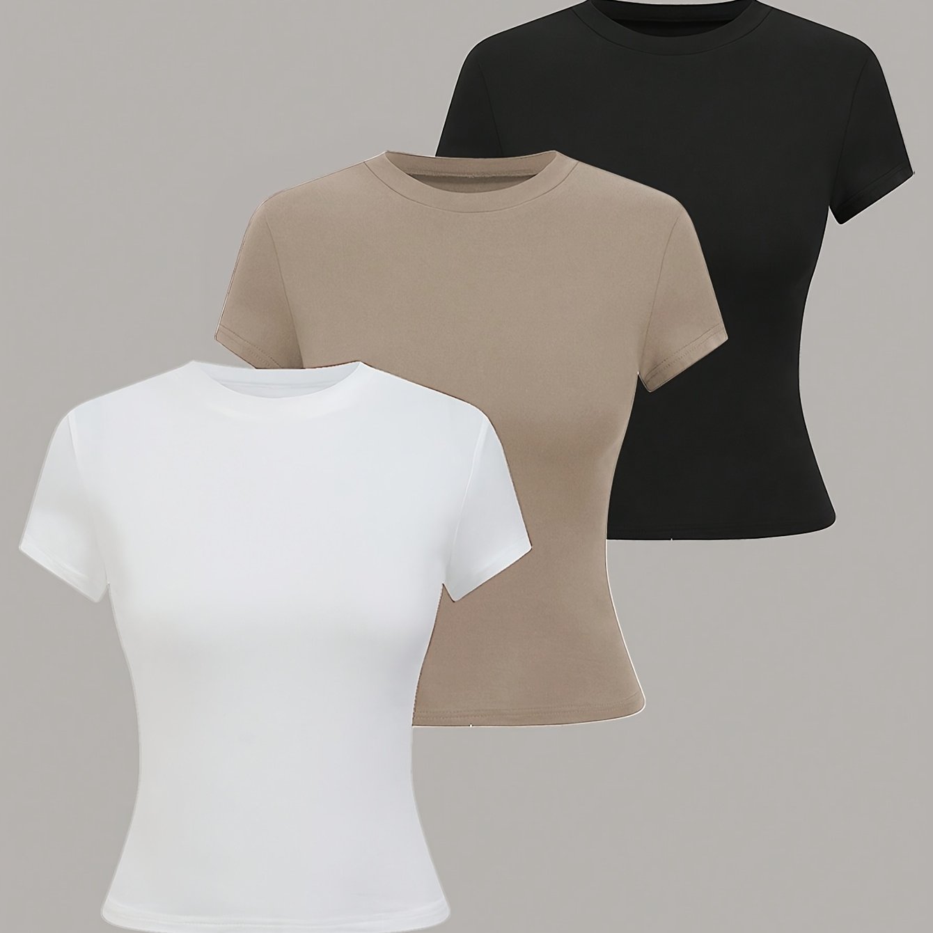 Women's 3-Pack Solid Color Short Sleeve T-Shirts - Polyester/Spandex blend, crew neck, 180gsm - White/Black/Beige, perfect for spring/fall fashion