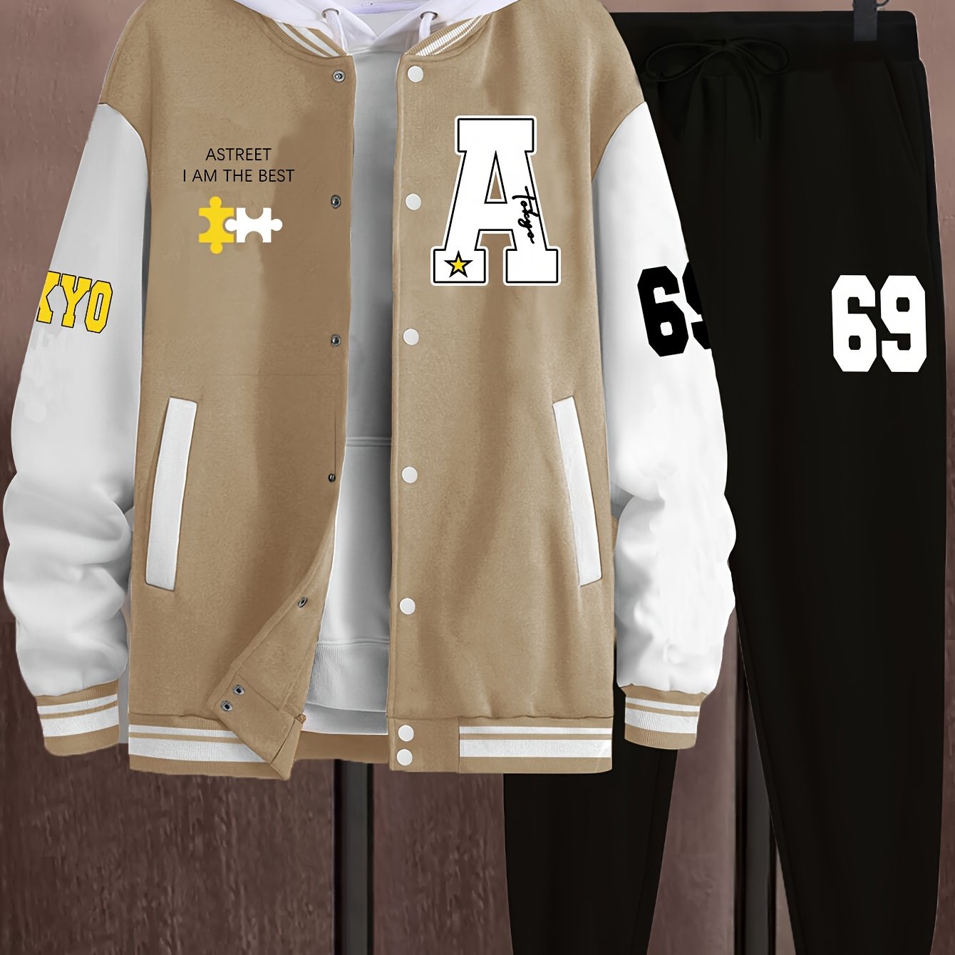 Men's casual 69-piece set includes color block varsity jacket and joggers with A-69 print. Made of polyester with baseball collar and pockets, ideal for fall/winter.