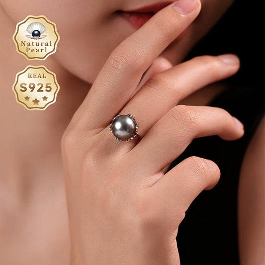 Elegant Black Round Natural Pearl Ring with 11-12mm Deep Sea Large Freshwater Pearl on Adjustable Open S925 Silver Band - Comes in a Perfect Gift Box, Shape and Color May Vary, Daimi Brand