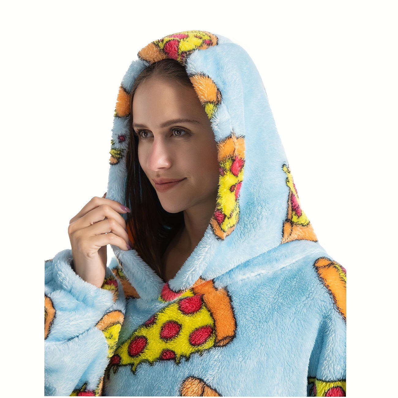 Stay warm and stylish in our oversized hoodie wearable blanket featuring a fun pepperoni pizza print. Made from super soft, warm polyester, this adult robe comes with a large front pocket for your convenience. Perfect for both men and women, this