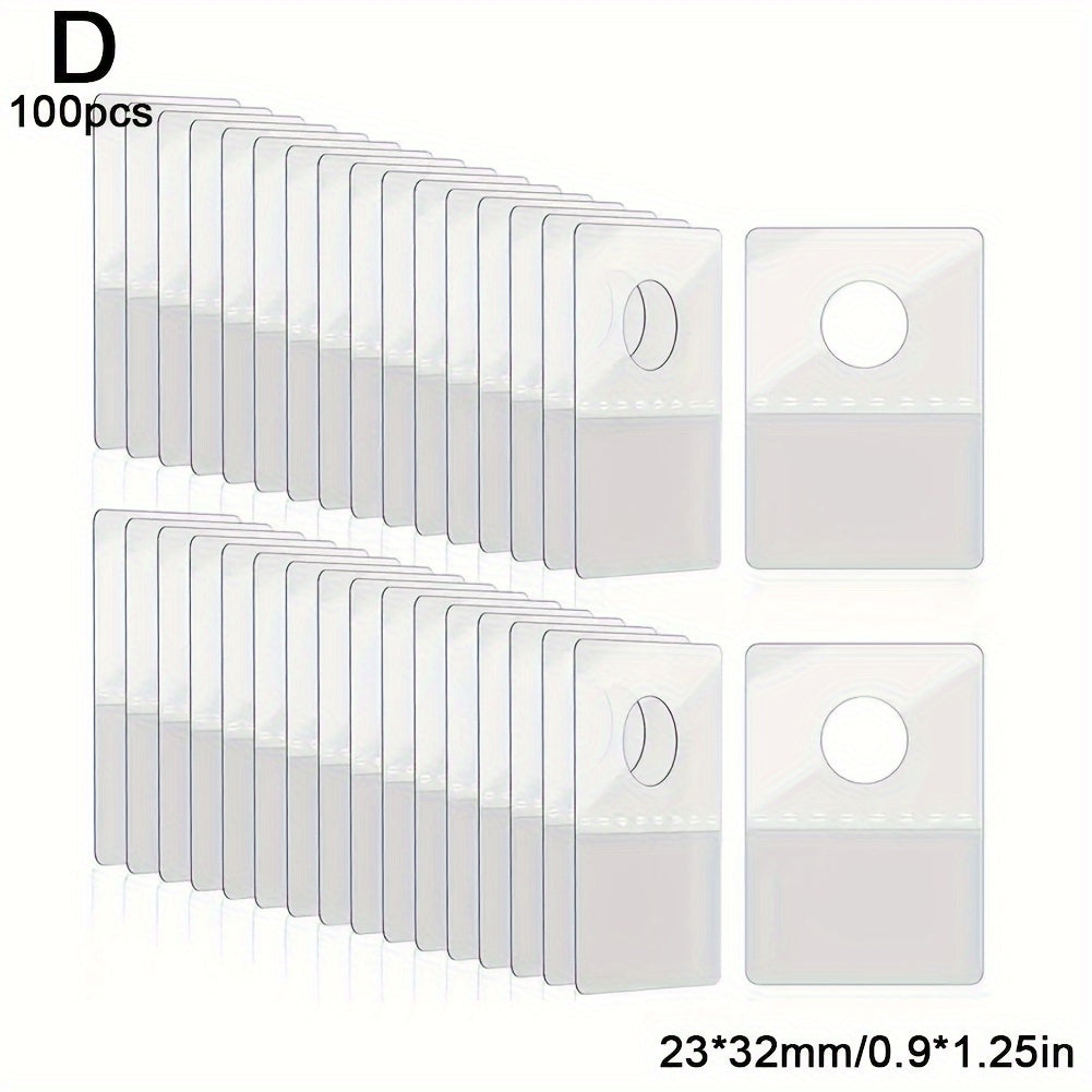 100 plastic adhesive hooks for hanging cards, pets, sheets, PVC, and airplane holes.