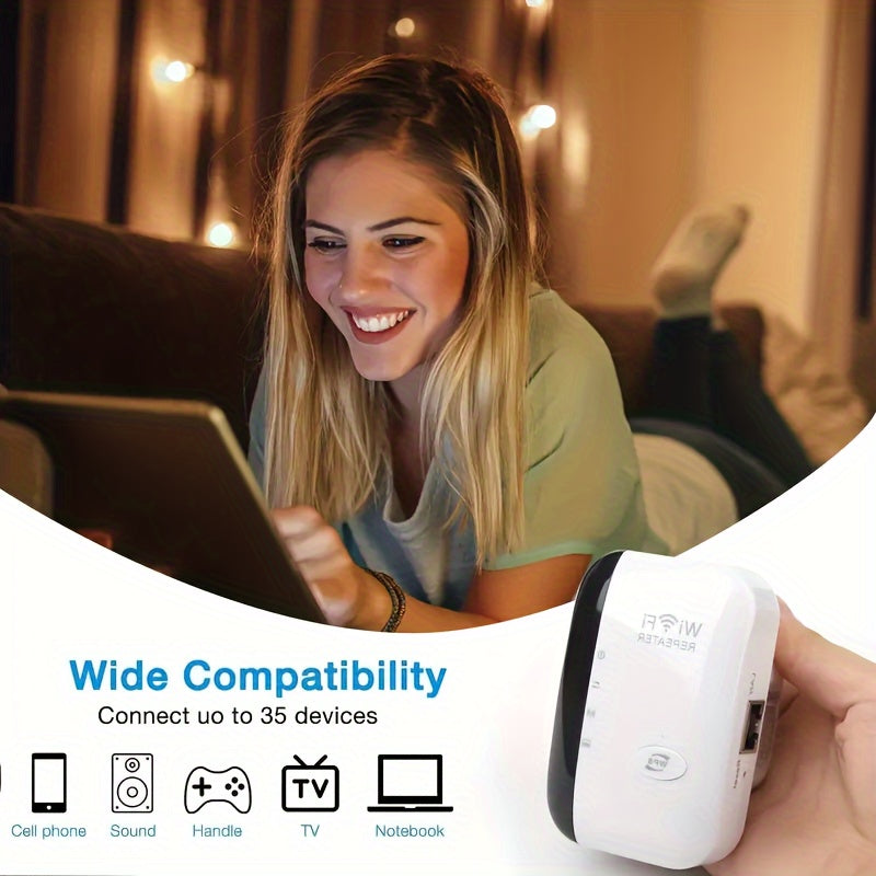 Ourlife N300 WiFi Extender extends internet range up to 2640sq.ft with Ethernet port, one-tap setup, Alexa compatibility, ideal for home and office, European plug.