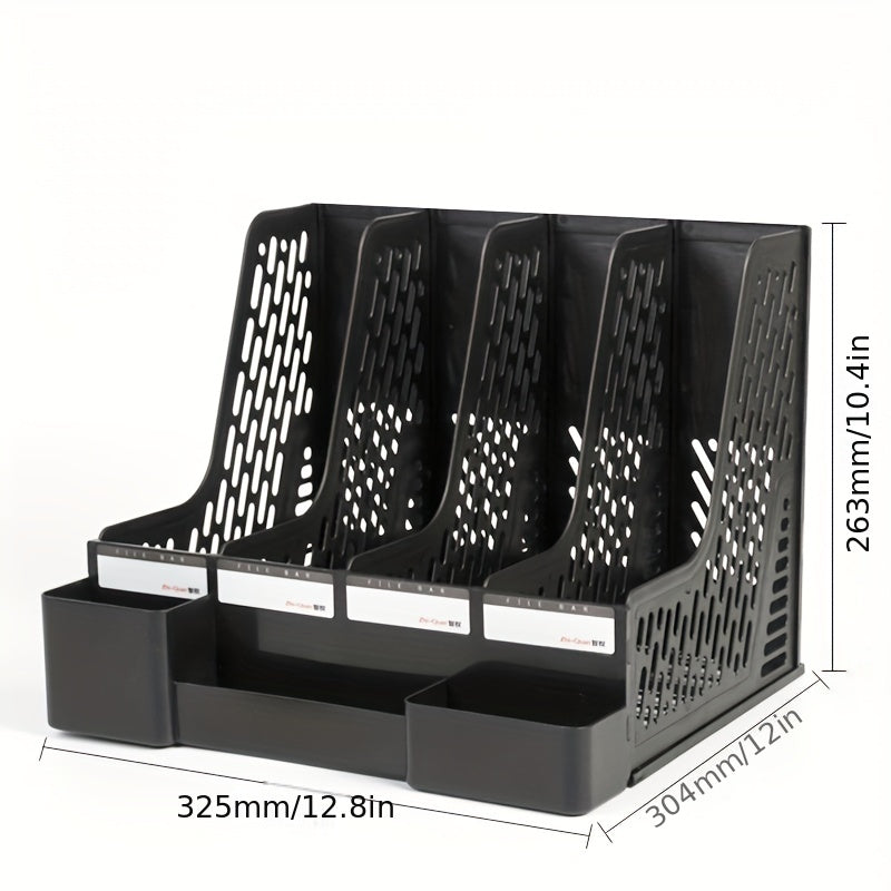 Desktop file rack with pen holder, ideal for organizing office supplies.