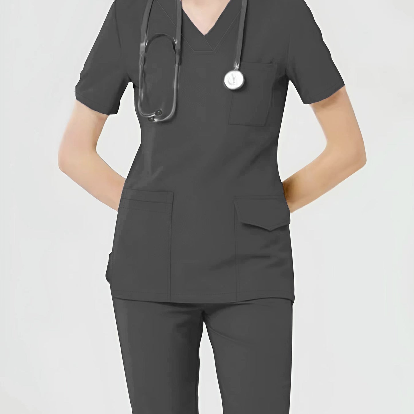 Women's Health Care Uniform Set: Cozy V-neck Top with Pockets and Solid Pants