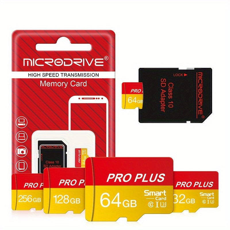 256GB Class10 U3 UHS-I TF memory card for 4K HD with SD adapter in yellow and red.