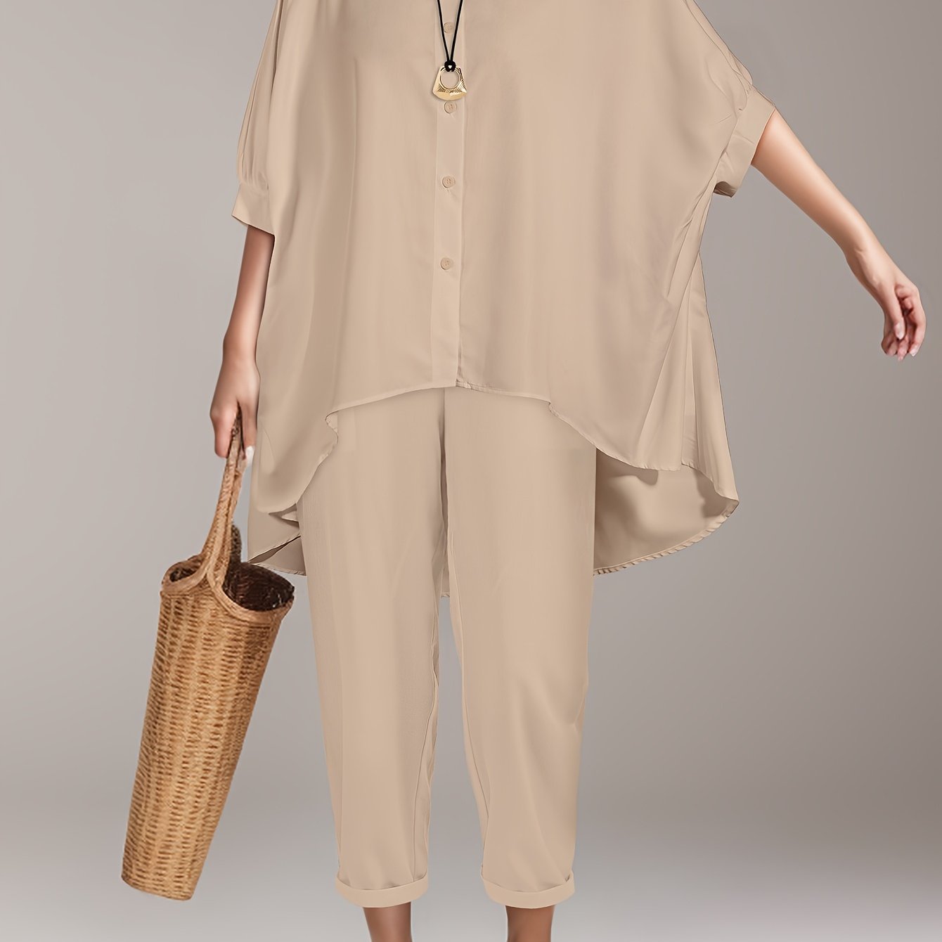 Polyester women's beach shirt set with batwing sleeves and asymmetrical hem - machine washable.