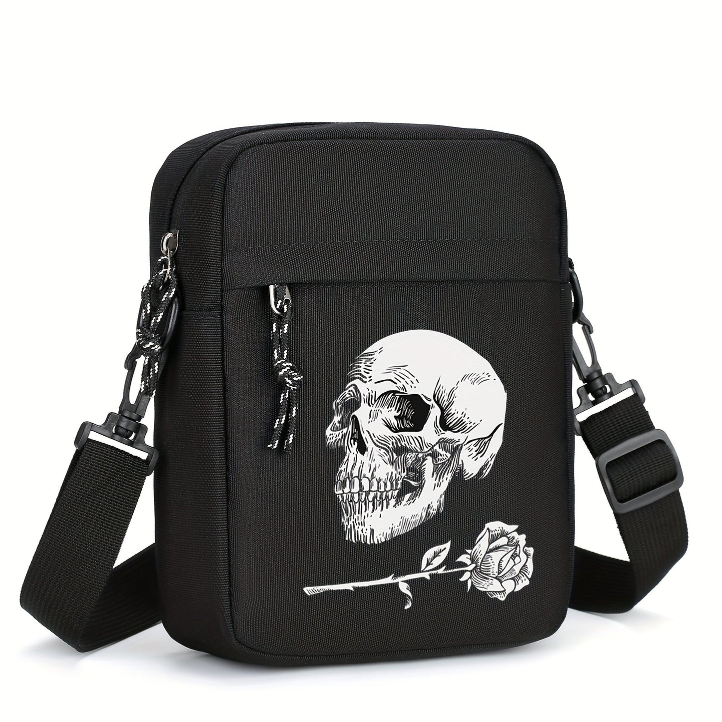 Stylish black Oxford cloth shoulder bag for men and women, featuring a skull and rose print. Large capacity with adjustable strap for daily use, not suitable for washing.