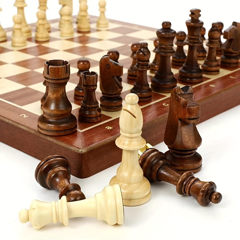 38.1cm X 38.1cm/15" X 15" Solid Wood Chess Set with Folding Board, Walnut Checkerboard, Internal Storage, 2 Bonus Queens.