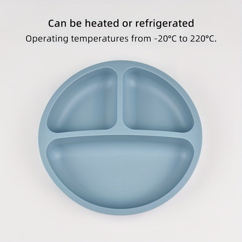 Three-compartment round dinner plate made of 100% food-grade silicone, featuring a reinforced design for added thickness and durability. This high-temperature resistant soft plate is perfect for training and comes with training tableware compartments.
