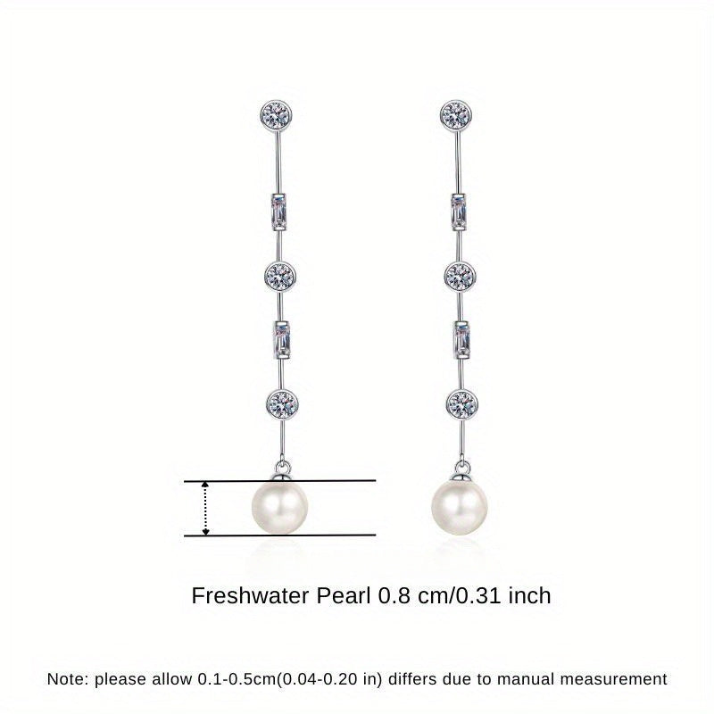 New Silvery 1Pair of Glamorous Accessory Long Earrings made from 4.9g of S925 Sterling Silver, featuring Elegant Freshwater Pearl Drops for Women, perfect for Parties and Banquets.