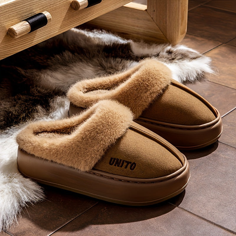 Cozy winter plush slippers for men and women with soft fabric lining, non-slip sole, machine washable. Available in beige and gray with white fur trim. Perfect for indoor comfort.