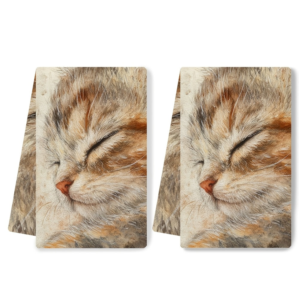 Set of two incredibly plush kitchen towels featuring an adorable kitten fur print - These towels are super absorbent, conveniently machine washable, and perfect for drying dishes or hands. The 40.64x60.96 cm size makes them ideal for any kitchen, while