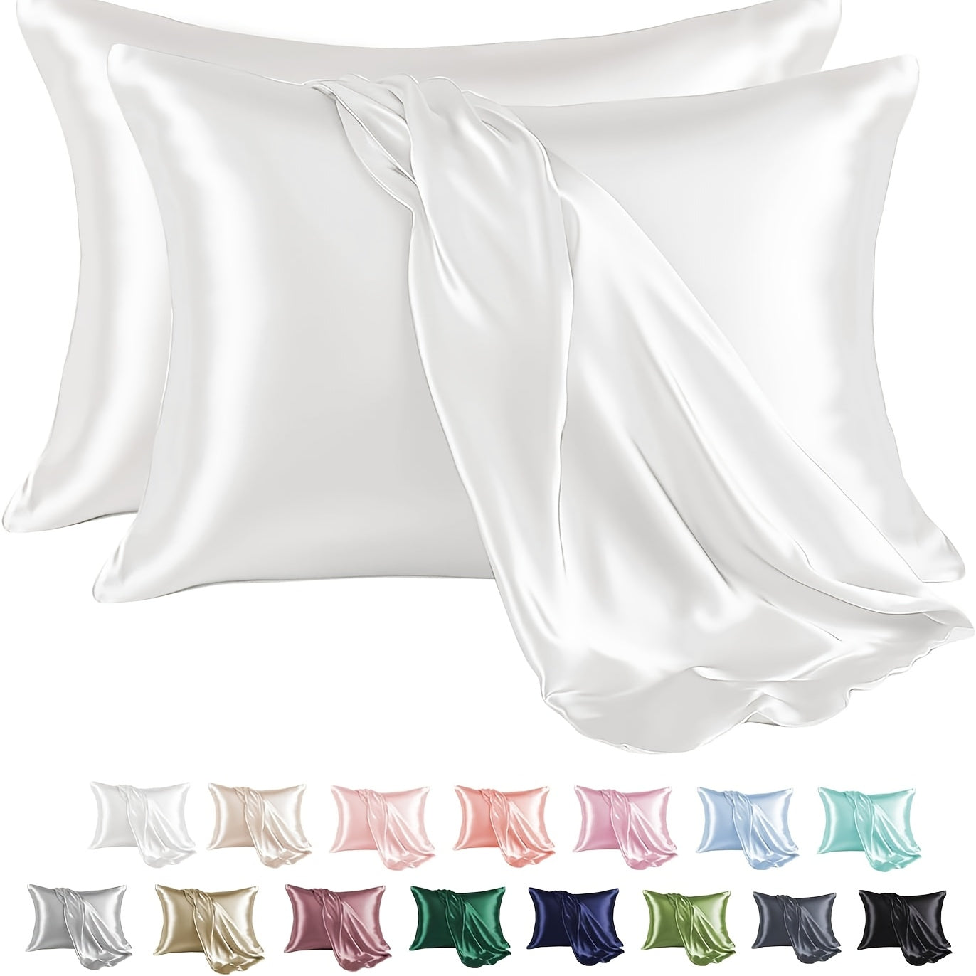 Two satin pillowcases in a pack made from 100% polyester material. Features an envelope closure and smooth texture to prevent hair breakage. These pillowcases are also wrinkle-resistant, machine washable, and weigh 80-85gsm. Available in a solid color