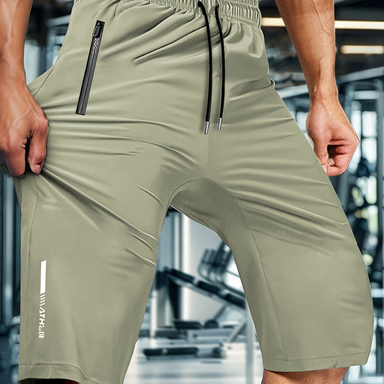 Elastic fabric men's summer capri pants with drawstring waist and zip pockets, perfect for casual sports, outdoor activities, and everyday wear.