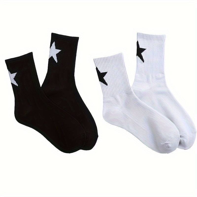 2/3 Pairs of Star Pattern Crew Socks for Men and Women - Breathable Polyester-Spandex Blend, Mid-Calf Basketball Socks with Geometric Design, Black & White, Cute Summer Socks