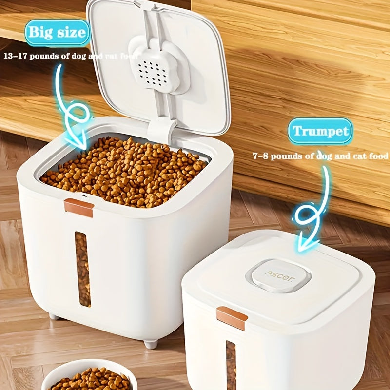 Airtight pet food storage container with flip lid in plastic, comes in 4.99kg and 9.98kg options. Large capacity, rectangle shape for dog and cat dry food. Easy to clean, durable seal keeps