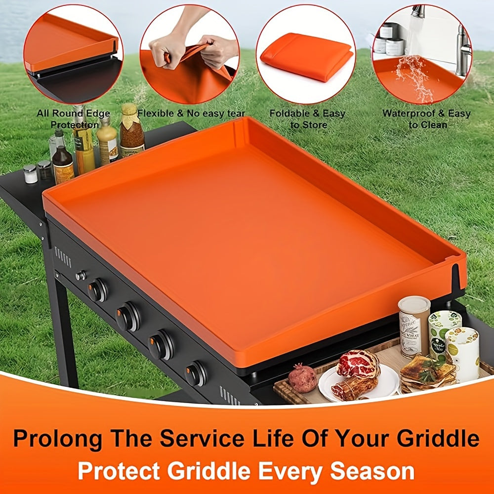 Durable silicone grill cover for Blackstone grills provides full surface protection, is easy to clean and dishwasher safe. Perfect for outdoor cooking and grill accessories.