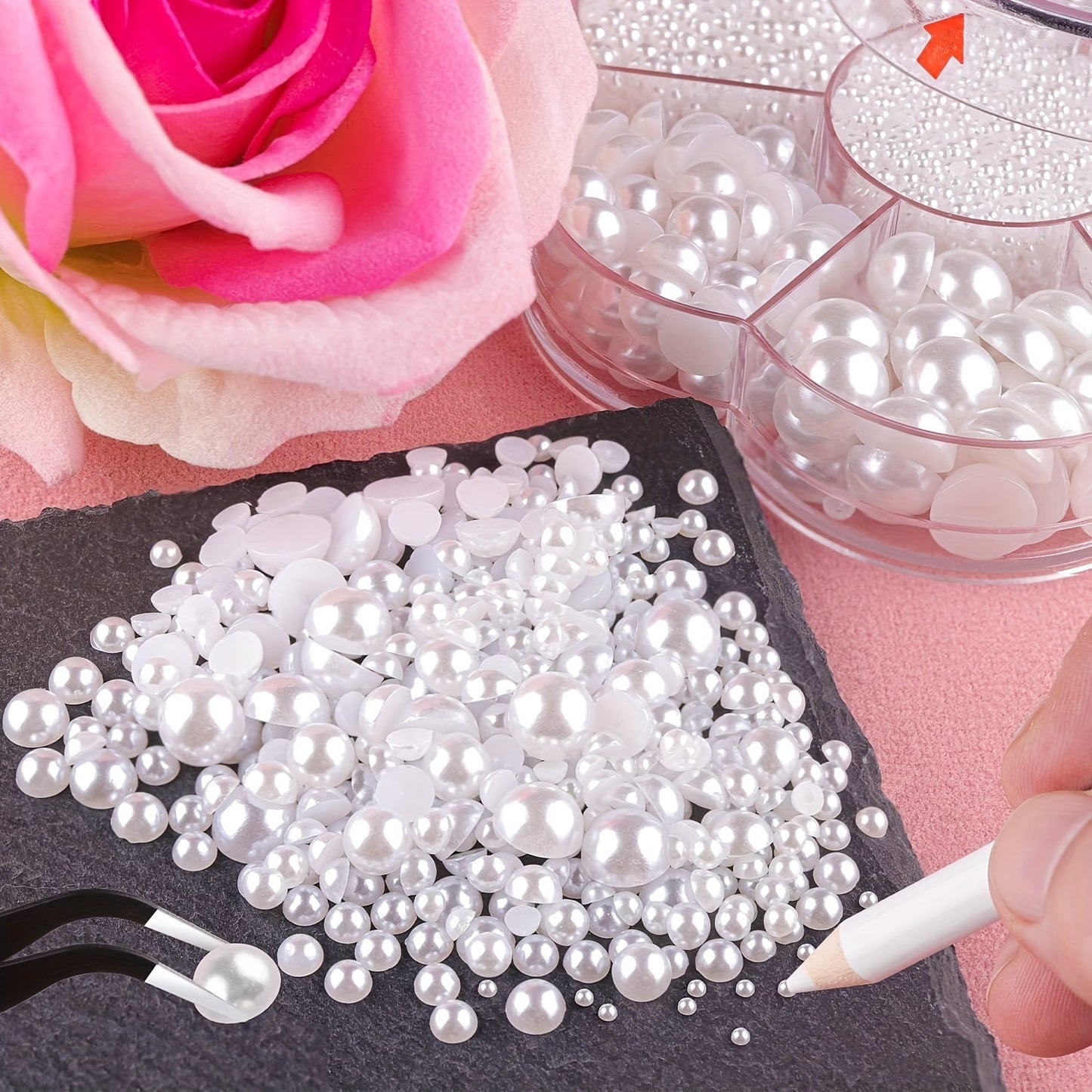 Crafters can get their hands on 3600 pieces of white half round resin pearls for various creative uses. These flat bottom pearls are perfect for nail art, makeup, and jewelry making. The set comes with multiple sizes ranging from 3mm to 9mm, along with