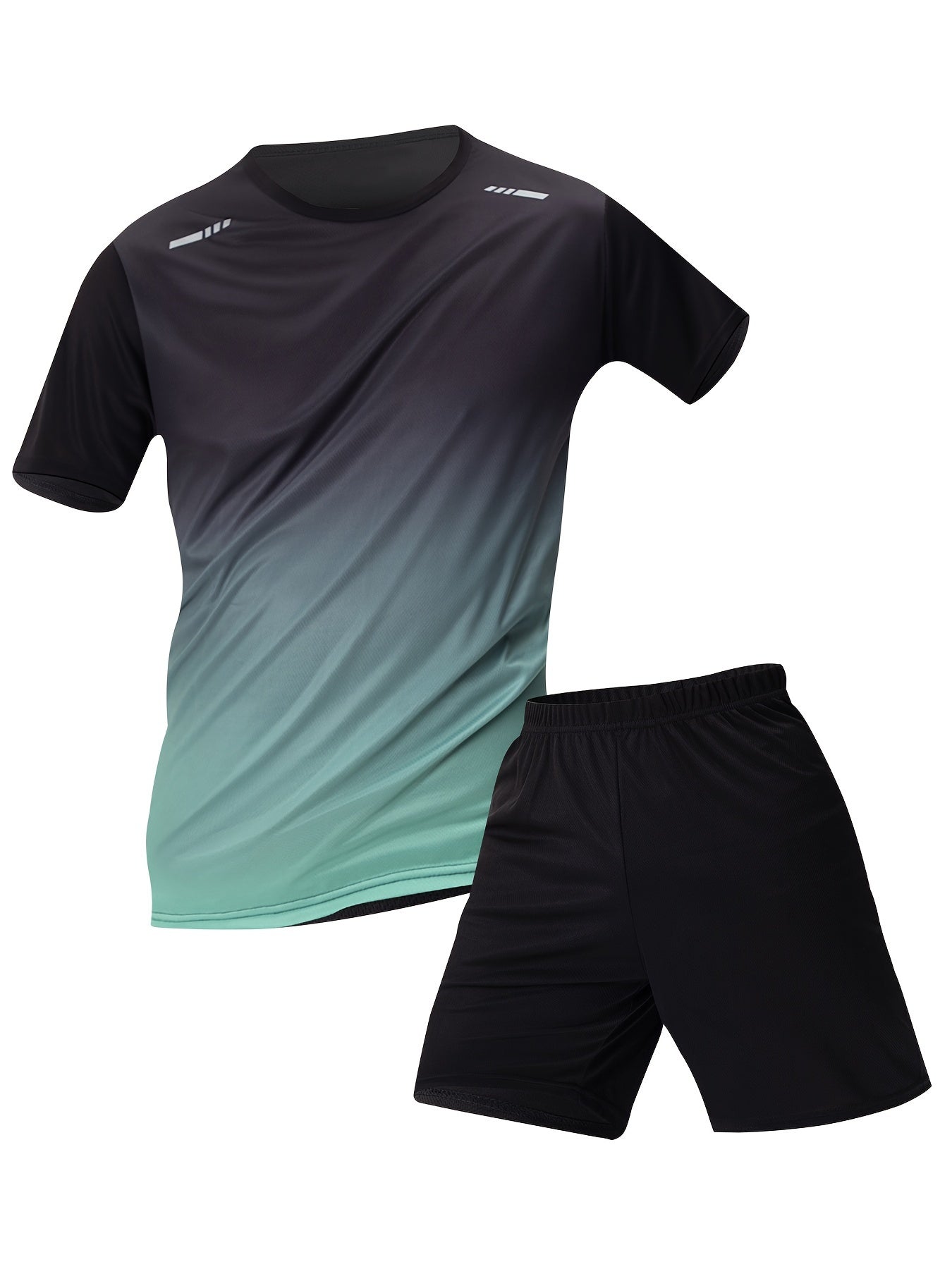 Men's 2-piece sportswear set with short sleeve top and shorts in gradient color, breathable and quick dry, regular fit.