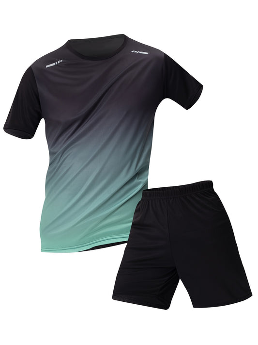 Men's 2-piece sportswear set with short sleeve top and shorts in gradient color, breathable and quick dry, regular fit.