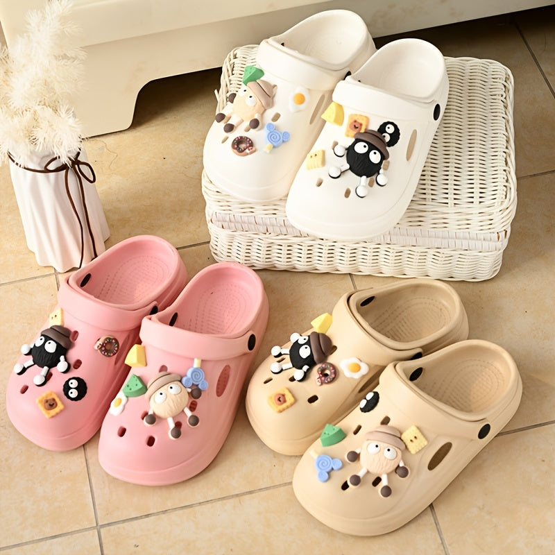 Beige EVA Clogs with Food & Cartoon Charms - Comfortable Slip-On Sandals for All Seasons, Easy to Clean